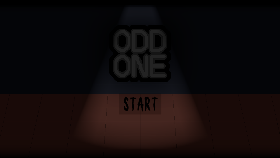 Odd One title screen: large dark lettering in a dark room under a spot light