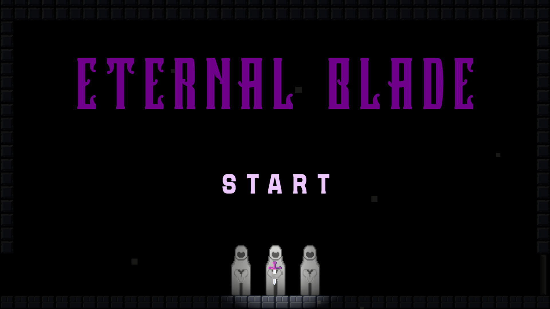 Eternal Blade title screen: purple lettering above a Start button and three hooded stone statues screenshot 1 of 4
