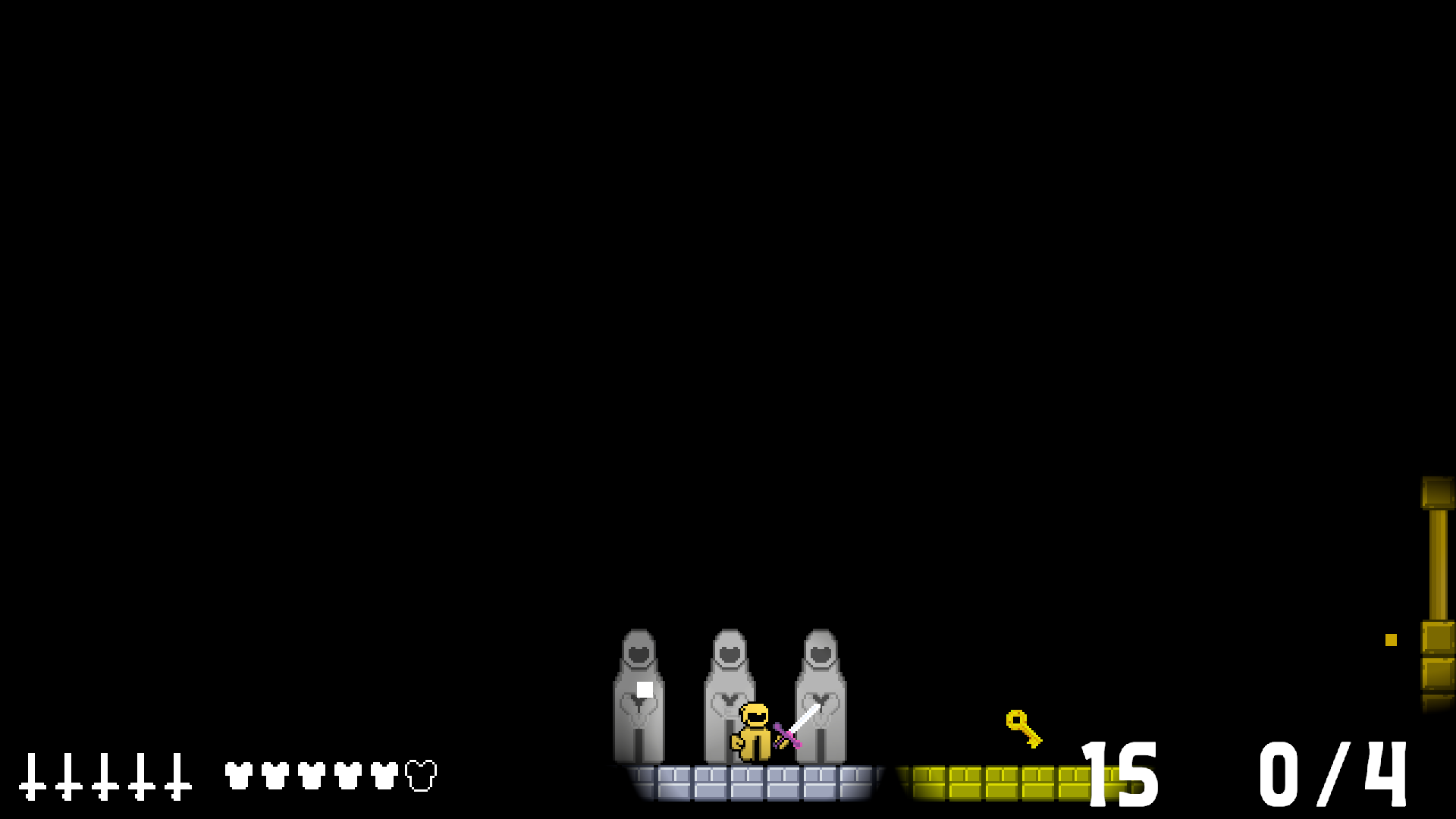 The wielder holding the sword next to the statues, with sword and health icons and a counter along the bottom