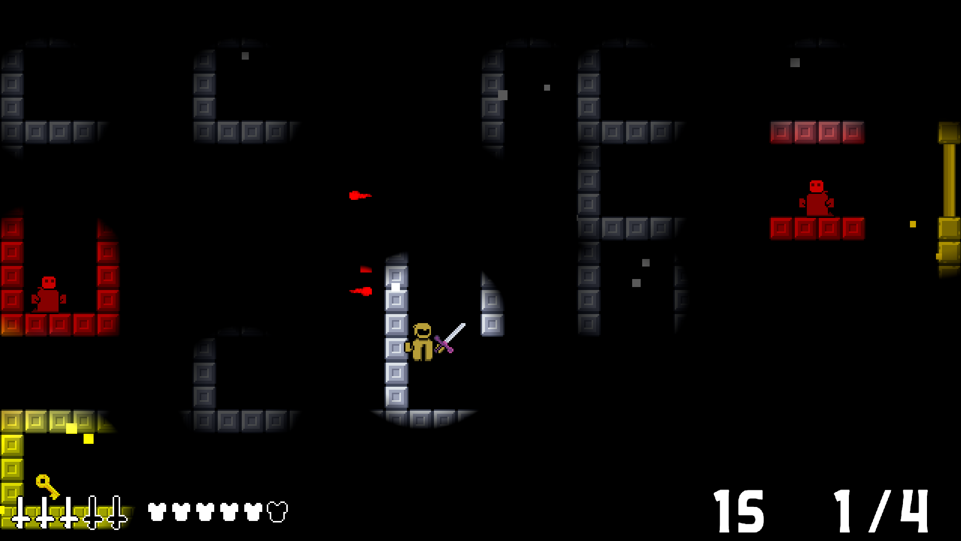 The wielder fighting red enemies among dark blocky dungeon walls