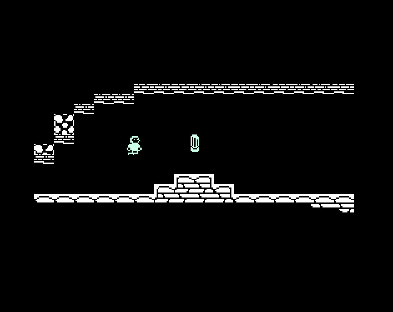 The shadow character beside a small capsule-shaped artifact on a stepped brick platform